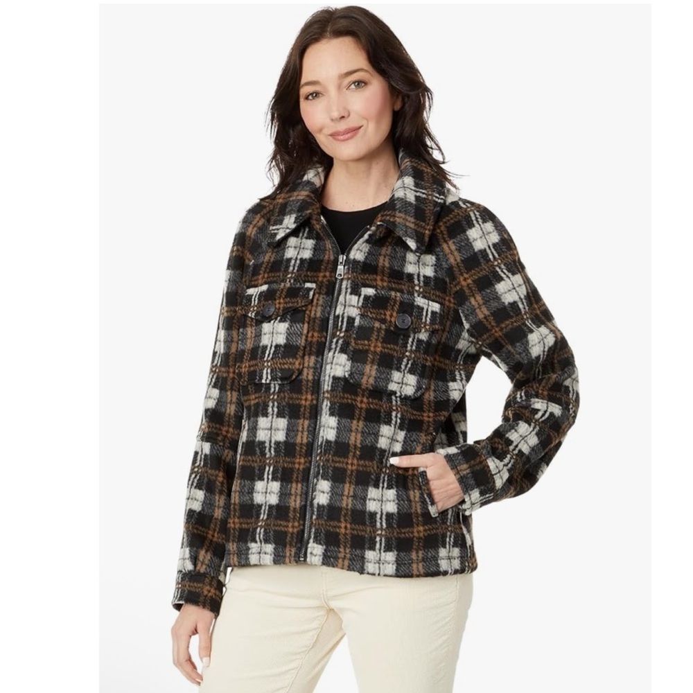 Avec Les Filles Brown & Black Plaid‎ Zip Up Shirt Jacket Size Small Shacket